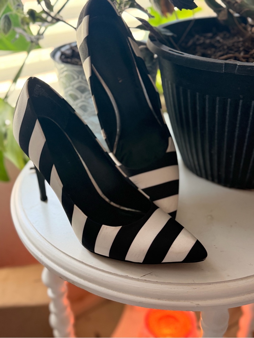 Classic Black & White Stripe Pointed-Toe Pumps - Women